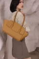 Elegant leather tote bag for women, premium commuter shoulder bag with large capacity design. - Sesame