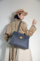 Genuine leather commuter shoulder bag with metal lock detail, premium top-layer cowhide. - Dark Blue
