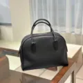 Black leather bowling handbag, top handle tote bag with large capacity for daily wear. - Blank / Black Medium 26*11*20cm