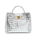 Silver woven leather handbag with gold knot hardware, vintage style large capacity tote bag. - Silver