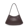 Detailed view of the dark brown woven leather underarm bag showcasing exquisite craftsmanship. - Coffee