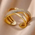 Close-up detail of 18K gold plated multi-layer crossover ring with CZ stones - Adjustable Open / Multi-Layer Cross Row Rhinestone (ESF391#) / Gold