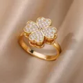 Close-up of 18K gold plated ring with a full zircon-encrusted four-leaf clover design. - Adjustable Open / Four-Layer Four-Leaf Clover (ESF395#) / Gold