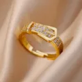 Adjustable 18K gold plated belt buckle ring with sparkling pavé cubic zirconia - Adjustable Open / Belt Buckle Shape (ESF385#) / Gold