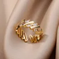 Elegant 18K gold plated open ring for women featuring baguette-cut zircon stones - Adjustable Open / Jagged Rectangle Rhinestone (ESF394#) / Gold