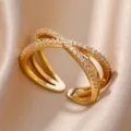 Elegant 18K gold plated cross ring featuring micro-pave cubic zirconia stones and open design. - Adjustable Open / Cross X-Shape Row Rhinestone (ESF396#) / Gold