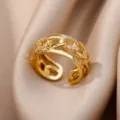 18K gold plated open ring with cubic zirconia leaf design in golden finish - Adjustable Open / Chain Leaf Design (ESF397#) / Gold