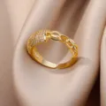18K gold plated adjustable open ring with sparkling pavé cubic zirconia charm. - Adjustable Open / Half Chain Half Rhinestone (ESF398#) / Gold
