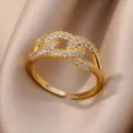 Elegant 18K gold-plated open ring with shimmering micro-paved zircon stones. - Adjustable Open / Interwoven Chain Style (ESF399#) / Gold