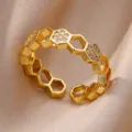 Golden honeycomb open ring with sparkling crystal pave - Adjustable Open / Honeycomb Geometric Style (ESF401#) / Gold