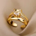 Elegant 18K gold plated open ring with double bands and a sparkling zircon stone - Adjustable Open / Double Layer Woven Solitaire (ESF403#) / Gold