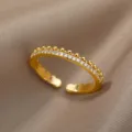 18K gold plated adjustable ring featuring sparkling zircon stones and beaded edge design. - Adjustable Open / Full Rhinestone Bead Accent (ESF404#) / Gold
