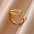 Elegant 18K gold plated adjustable ring with sparkling cubic zirconia stones in gold finish - Adjustable Open / Horsebit Buckle Shape (ESF405#) / Gold