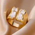 18K gold plated open ring with two rectangular clear cubic zirconia stones - Adjustable Open / Double Rectangle Rhinestone (ESF408#) / Gold