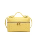 Yellow ostrich pattern leather vanity crossbody bag with woven trim, vintage style top handle. - Yellow