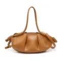 Stylish brown leather pleated shoulder bag, elegant dumpling handbag with knotted side design. - Brown