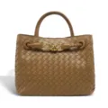 Exquisite woven leather handbag with metal knot detail, vintage top handle tote bag for women. - Khaki