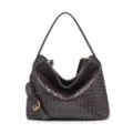 Woven leather shoulder bag, luxury style hobo bucket bag with top handle and crossbody strap. - Smooth - Coffee