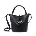 Black leather bucket bag with top handle and strap, featuring braided knot and metal ring detail. - Black