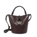 Dark brown leather bucket bag detail showing braided handle ring buckle and shoulder strap. - Coffee