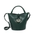 Dark green bucket bag with stylish metallic ring and braided handle for women crossbody use. - Dark Green