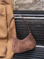 Brown suede underarm shoulder bag, minimalist casual hobo purse for women daily wear. - Dark Coffee