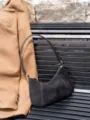 Black suede underarm shoulder bag, minimalist autumn winter fashion genuine leather small purse - Black