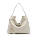 Woven leather hobo shoulder bag for women, large capacity slouchy bucket tote bag - Smooth - Cream