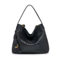 Black woven leather shoulder bag, slouchy hobo tote design with gold-tone hardware for women. - Glossy Black