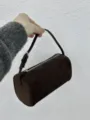 Brown suede 90s barrel shoulder bag, retro pillow handbag with zipper and slim strap. - Frosted Coffee