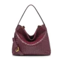 Woven leather shoulder bag for women, large capacity slouchy hobo bag, elegant burgundy design. - Glossy - Wine Red