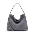 Grey woven suede hobo shoulder bag with slouchy design, stylish crossbody bucket bag for women. - Matte Grey