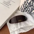 Close-up detail of a chic dark brown curved hair barrette with gold lettering on a white shirt. - Melon Seed Gold Label Spring Clip / Grape Purple
