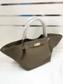 Genuine leather winged tote bag for women, stylish top handle shoulder bag with lock. - Solid Color Style / Elephant Gray
