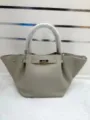 Grey leather winged tote bag for women, stylish genuine cowhide top handle handbag with metal lock. - Solid Color Style / Khaki