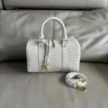 Detailed view of white woven leather boston handbag, luxury style top handle shoulder bag. - Off White