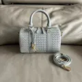 Light blue woven leather Boston bag, vintage top handle shoulder bag ideal for women. - Agate Grey