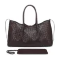 Close-up of dark brown woven leather tote bag detail, premium intrecciato texture craftsmanship. - Coffee