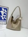 Metallic woven hobo shoulder bag in gold with star charms, stylish casual tote and bucket bag. - Small: 21*12*22cm / Champagne