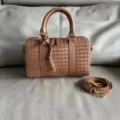 Vintage woven leather Boston bag, large capacity top handle crossbody bag for women. - Caramel color