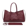 Woven leather tote bag for women, large capacity shoulder handbag with pouch, burgundy retro style. - Burgundy