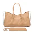 Detailed view of the beige woven leather tote bag featuring classic intrecciato design. - Potato