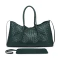 Detailed view of the dark green woven leather tote bag with matching pouch and top handles. - Dark Green