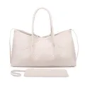 Premium beige woven leather tote bag with matching pouch, stylish large capacity handbag for women. - Off White