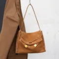 Retro brown suede shoulder bag, luxury style genuine leather tote for women commuting. - Caramel color