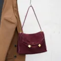 Burgundy suede shoulder bag, retro style women commuting handbag with gold hardware variant. - Burgundy