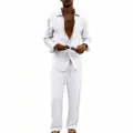 Casual men's white linen long sleeve shirt and pants set detail view showing breathable fabric. - S / Top And Bottom / White Clothing with White Buttons