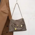 Brown suede shoulder bag for women, vintage leather tote bag with metal clasp and large capacity. - Gray