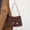 Brown suede shoulder bag, elegant vintage women commuting tote with metal clasp variant. - Dark Coffee