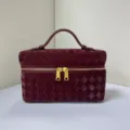 Glossy woven vanity case cosmetic bag with top handle stylish travel makeup organizer bag - Burgundy